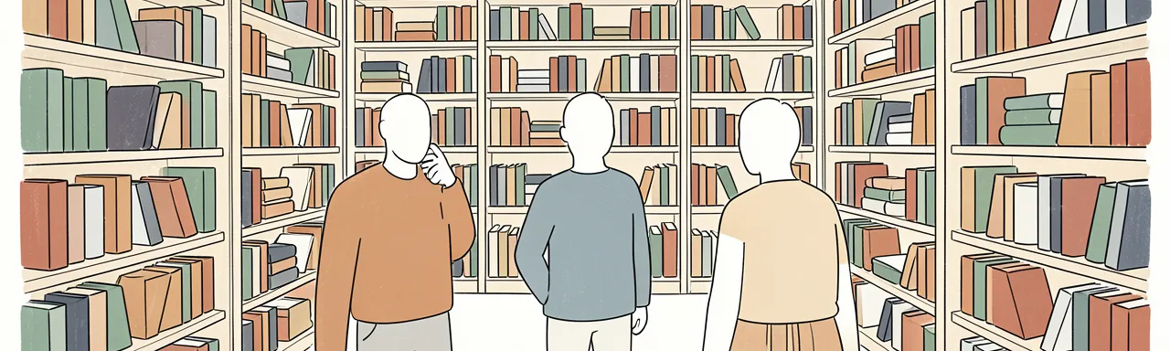 Illustration of three people browsing shelves in a library