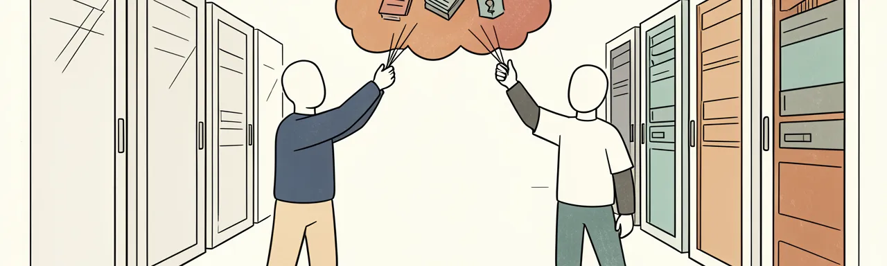Illustration of two people reaching through a cloud between rows of server racks to exchange documents, a laptop and a key