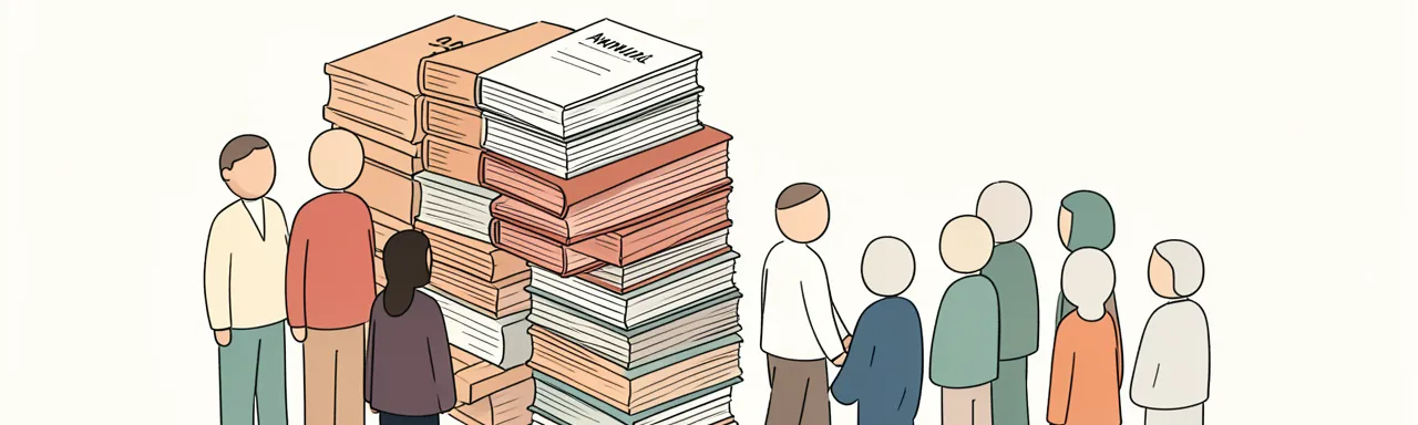 Hand-drawn illustration of a tall stack of annual reports with two groups of people standing on either side of it